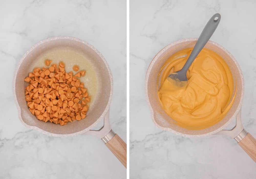 two photos; one shows butterscotch chips added to melted butter in a saucepan; the other shows those two ingredients mixed together with a spatula until smooth.