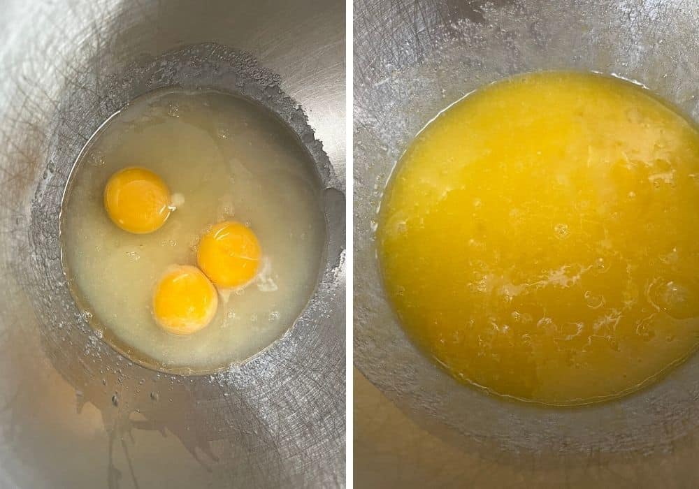 two photos; one shows three eggs added to oil/sugar mixture; the other shows the ingredients all mixed together.