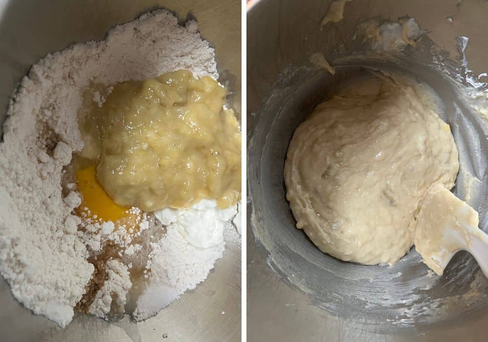 two photos; one shows ingredients in a mixing bowl; the other shows those ingredients mixed together to form banana muffin batter.