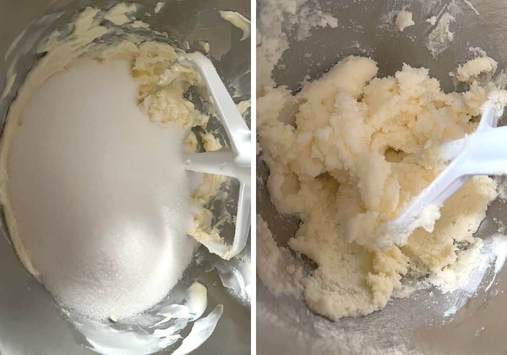 two photos; one shows sugar added to the butter/shortening mixture, the other shows the ingredients mixed together with the paddle attachment of a mixer.