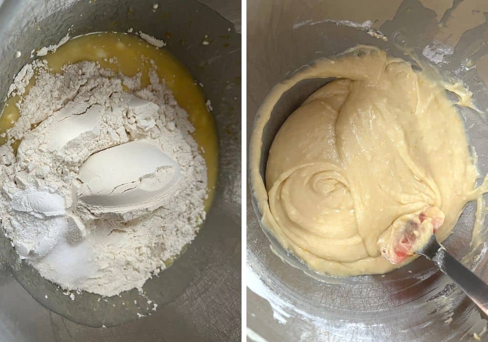 two photos; one shows dry ingredients added to the wet ingredients; the other shows those mixed together into a lemon cake batter.