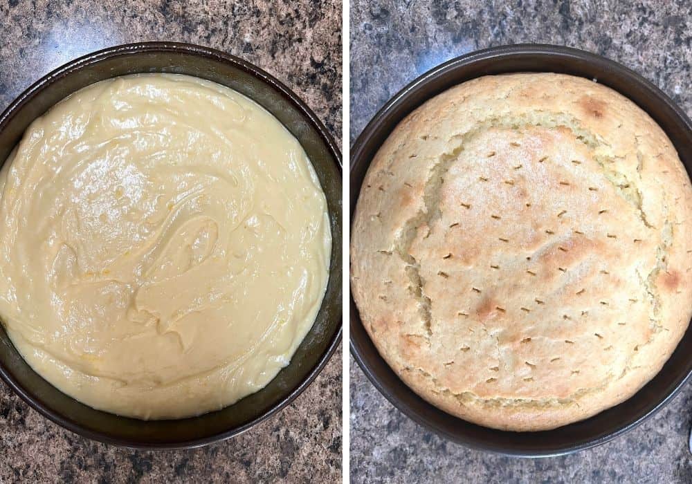 two photos; one shows cake batter in prepared round cake pan, the other shows a freshly baked cake with small holes poked in it for a syrup drizzle.