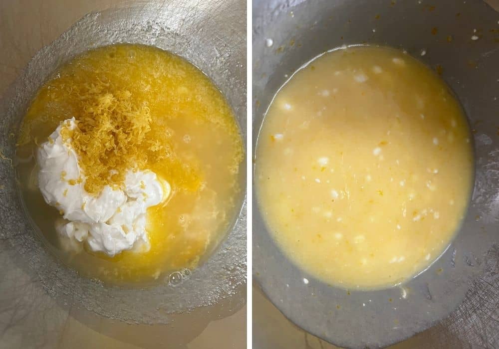 two photos; one shows sour cream, lemon juice, and lemon zest added to the ingredients; the other shows all ingredients mixed together.