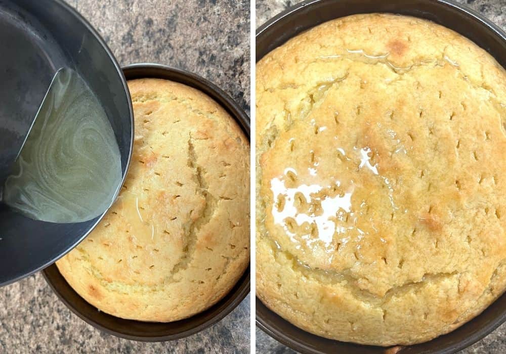 two photos; one shows lemon syrup being drizzled over a hot lemon cake; the other shows the cake cooling as the syrup soaks in.