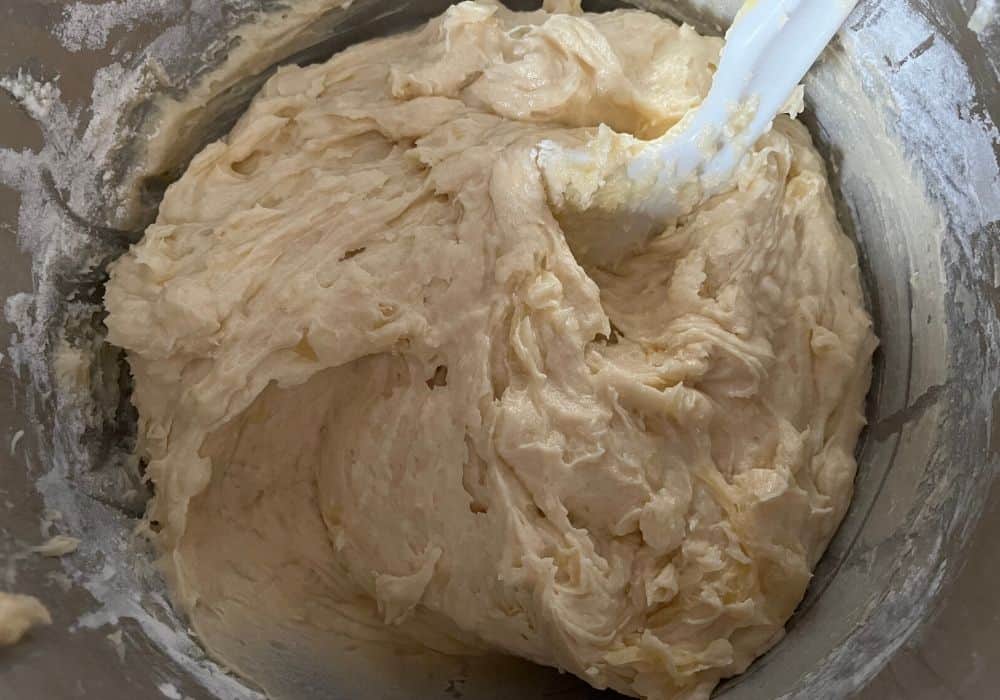 pineapple pound cake batter with dry ingredients mixed in.