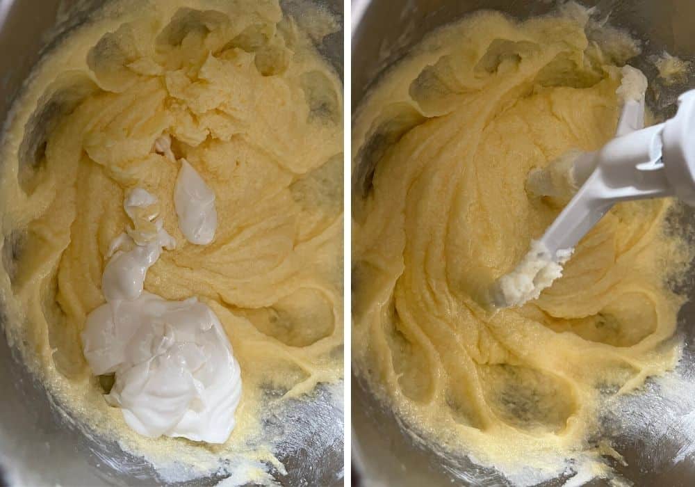 two photos; one shows sour cream added to the egg, butter, shortening, sugar mixture. The other shows the ingredients mixed together.