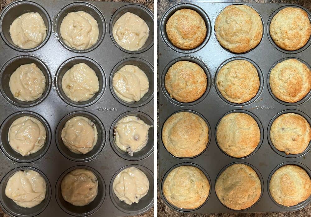 two photos; one shows a muffin pan with batter for bisquick banana muffins; the other shows the muffins in the tin after baking in the oven.