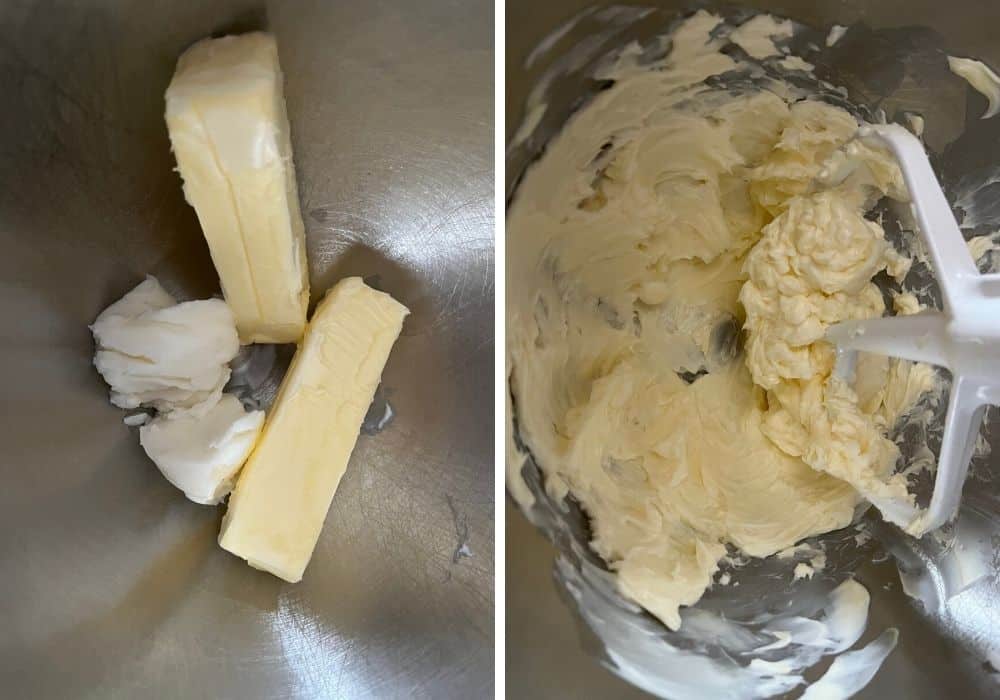 two photos; one shows butter and shortening in a mixing bowl, the other shows those mixed together with the paddle attachment of a stand mixer.