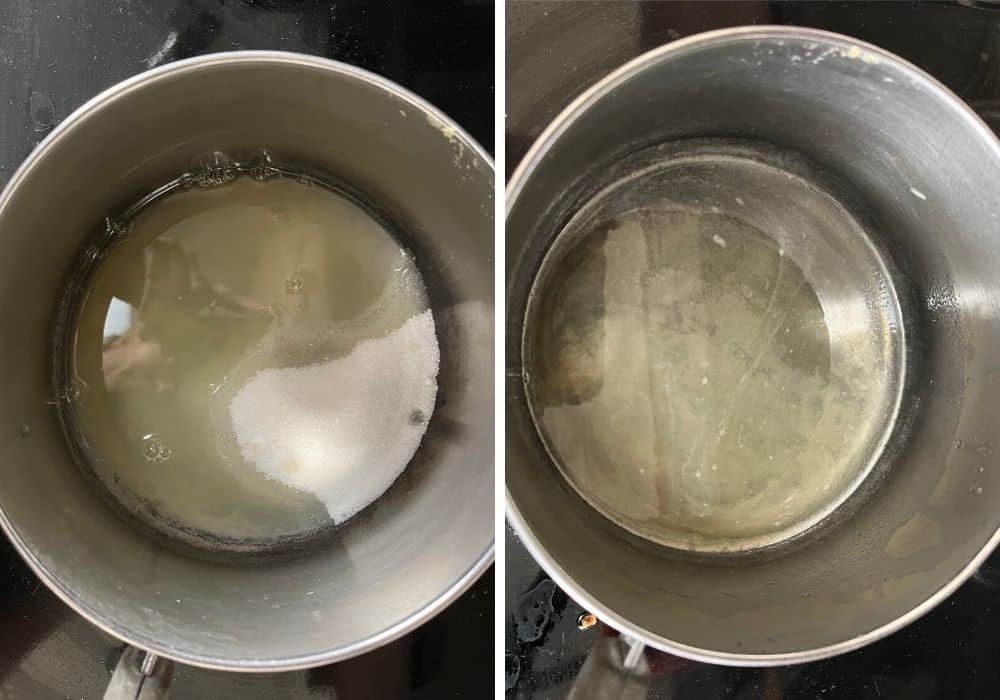 two photos; one shows small saucepan with lemon juice and granulated sugar in it; the other shows those ingredients cooked until sugar dissolves to form lemon syrup.