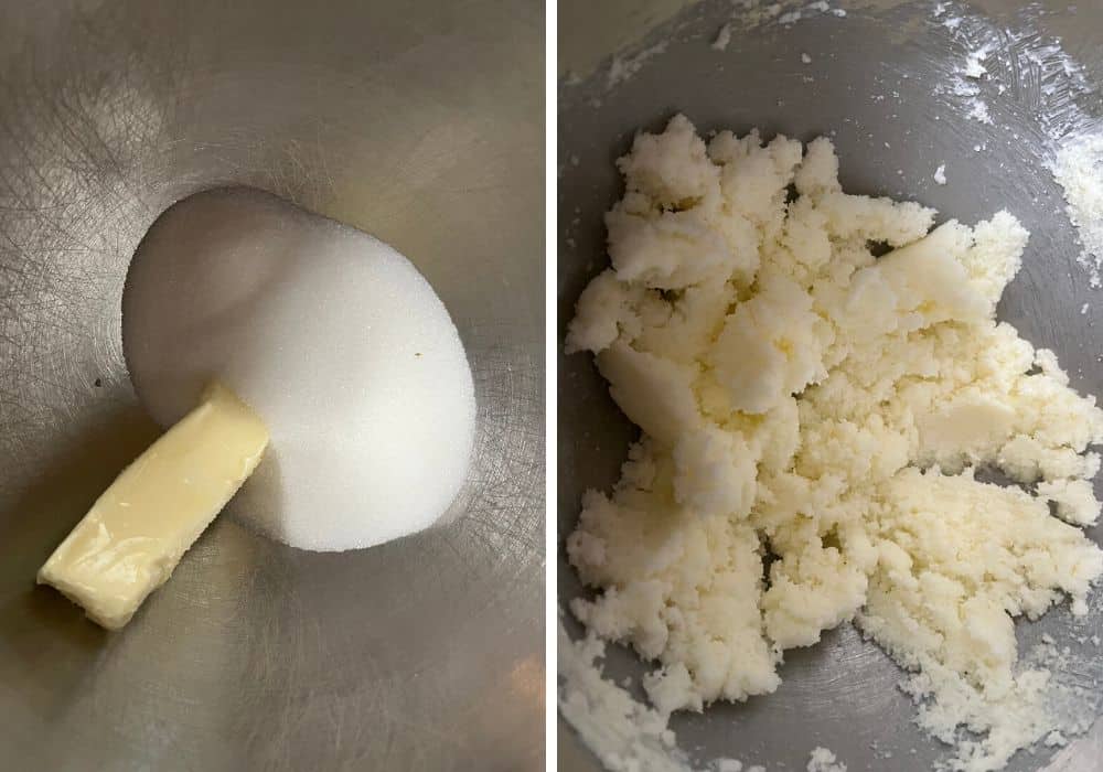 two photos; one shows butter and sugar in a mixing bowl; the other shows the butter and sugar creamed together.