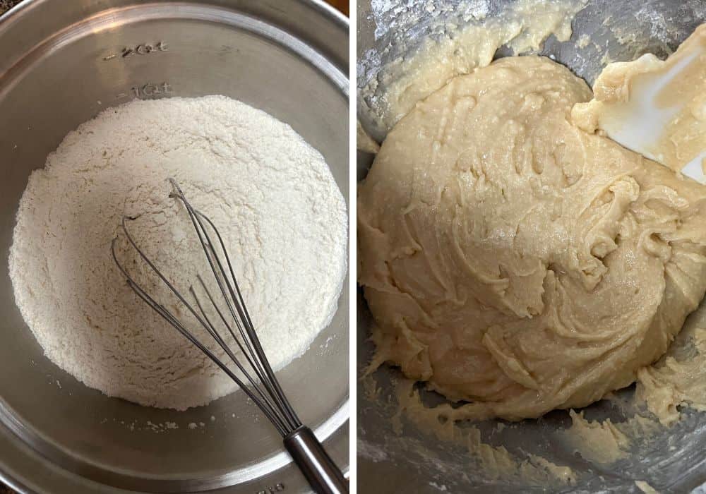 two photos; one shows dry ingredients whisked together in a separate mixing bowl; the other shows the dry ingredients added to the wet to form the muffin batter.