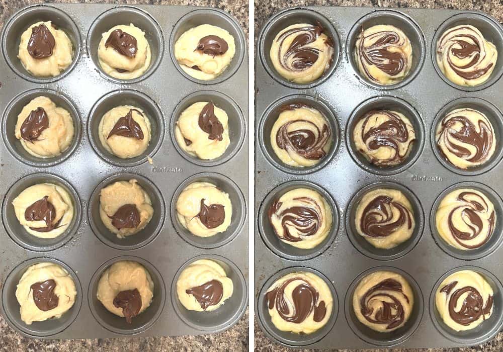 two photos; one shows the final dollop of nutella added to the muffin batter; the other shows the nutella swirled into the batter.