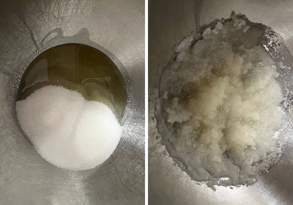two photos; one shows vegetable oil and sugar in a bowl; the other shows the two ingredients mixed together.