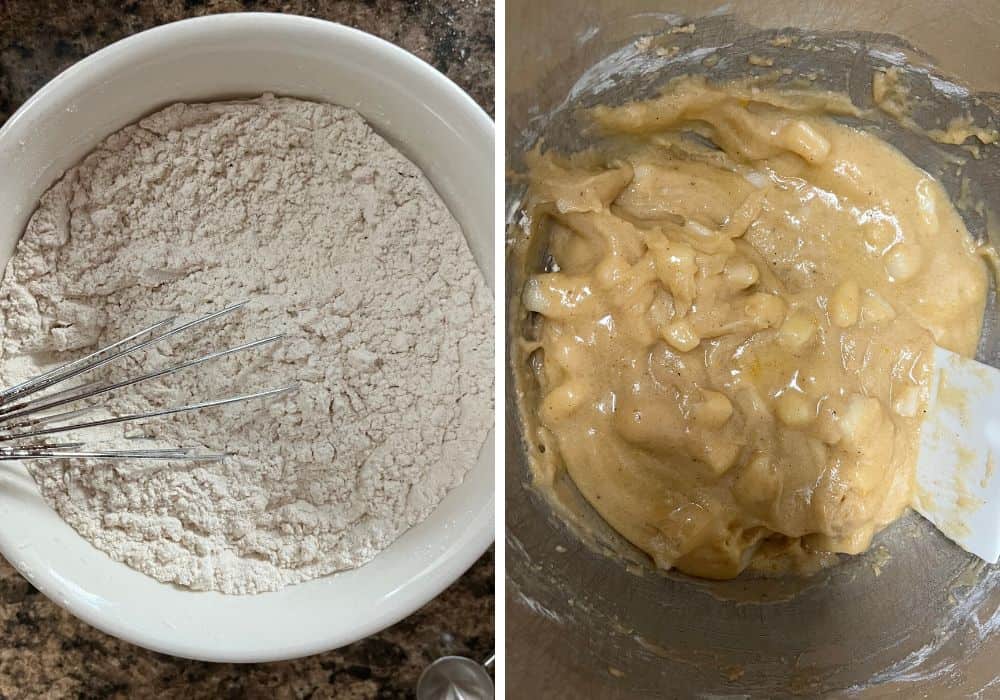 two photos; one shows dry ingredients mixed in a bowl with a whisk; the other shows the dry ingredients added to the pear batter.