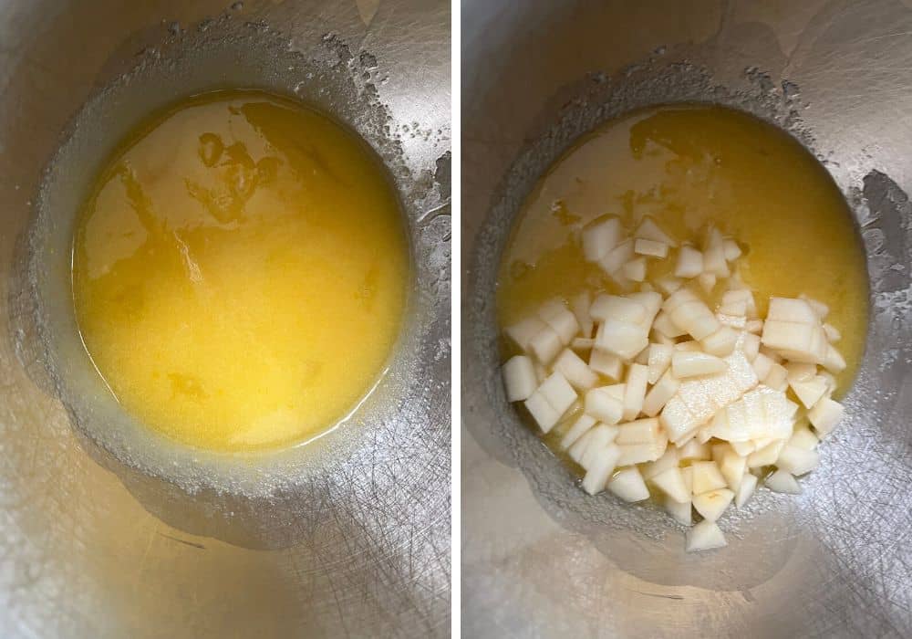 two photos; one shows eggs and vanilla extract mixed into the sugar mixture; the other shows diced pears added to the egg mixture.