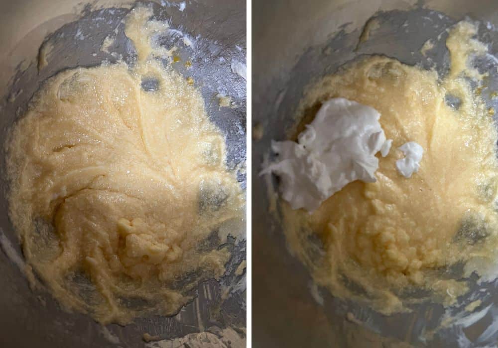 two photos; one shows eggs beaten into the butter/sugar mixture in the mixing bowl; the other shows sour cream added to the mixture.
