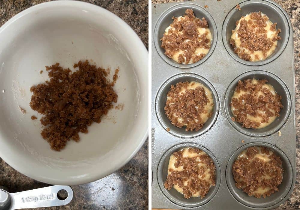 two photos; one shows cinnamon sugar streusel mixture in a small bowl; the other shows the streusel sprinkled over pear muffin batter in a muffin pan.