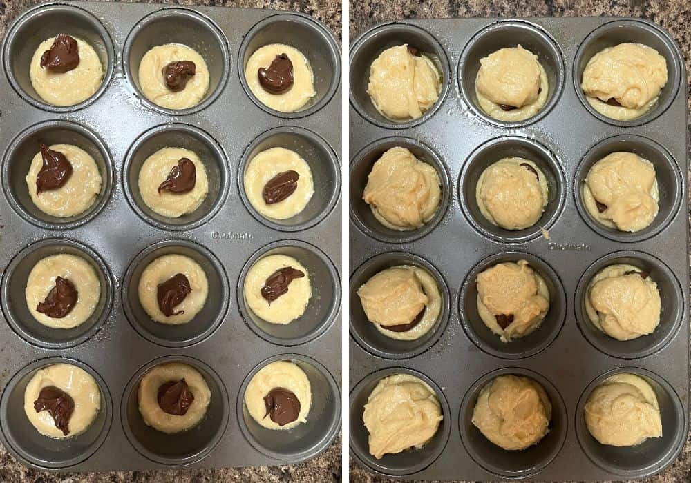 two photos; one shows batter and nutella in each muffin well; the other shows more batter added over the initial dollop of nutella.
