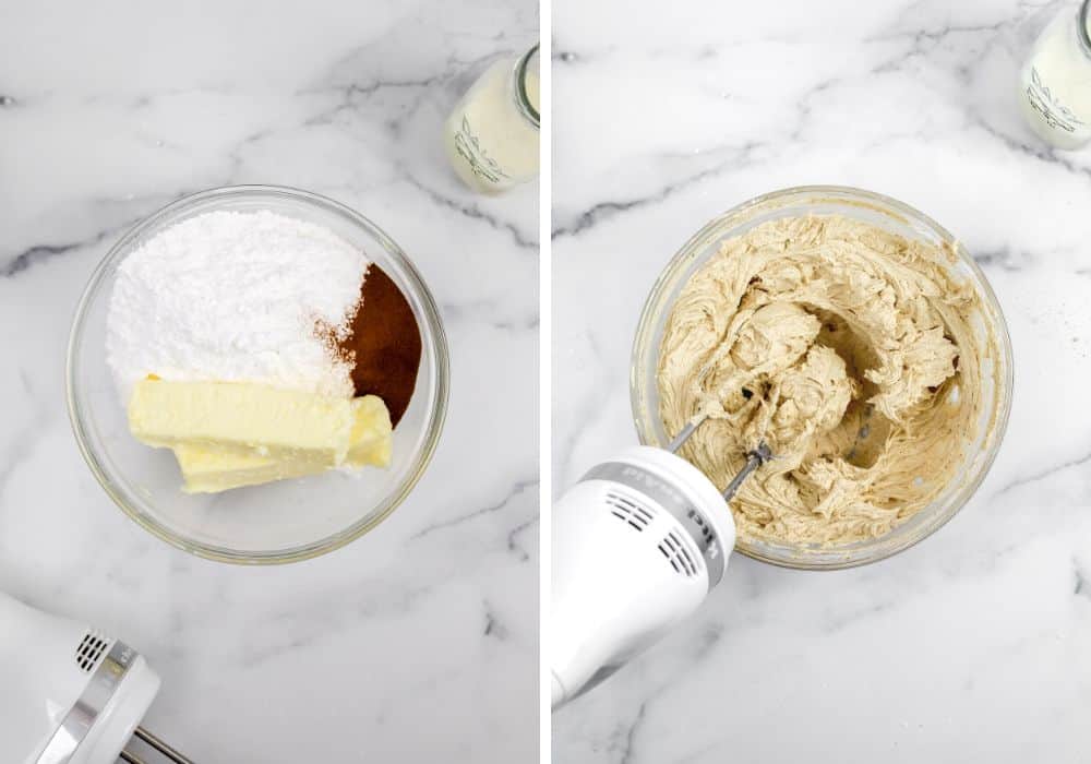 two photos; before and after mixing the ingredients for the coffee buttercream frosting