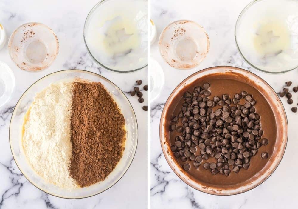 two photos; one shows butter and cocoa powder added to the wet ingredients; the other shows chocolate chips added to the batter.