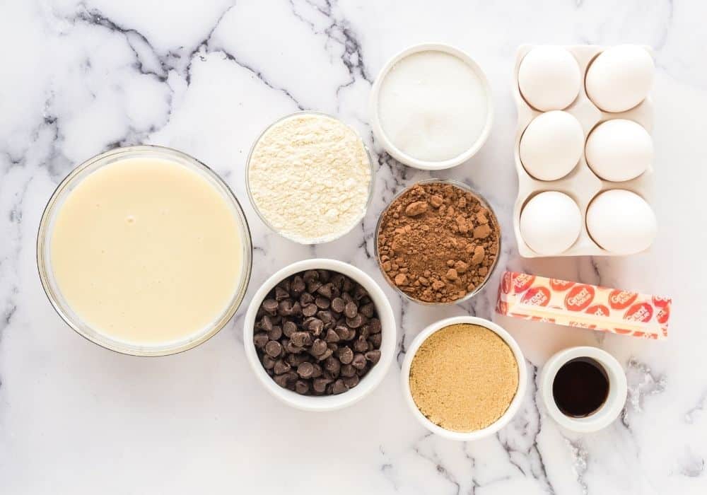 mise en place view of ingredients needed for condensed milk brownies