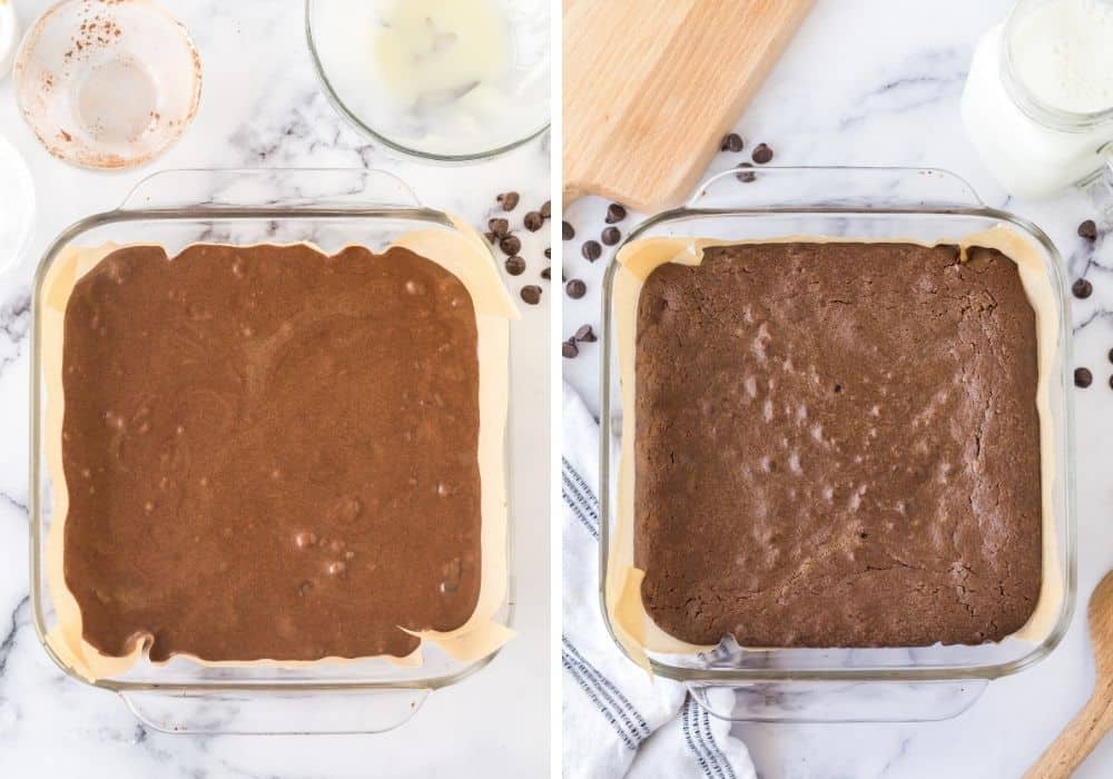 two photos; one shows brownie batter in the prepared pan, the other shows the freshly baked brownies out of the oven