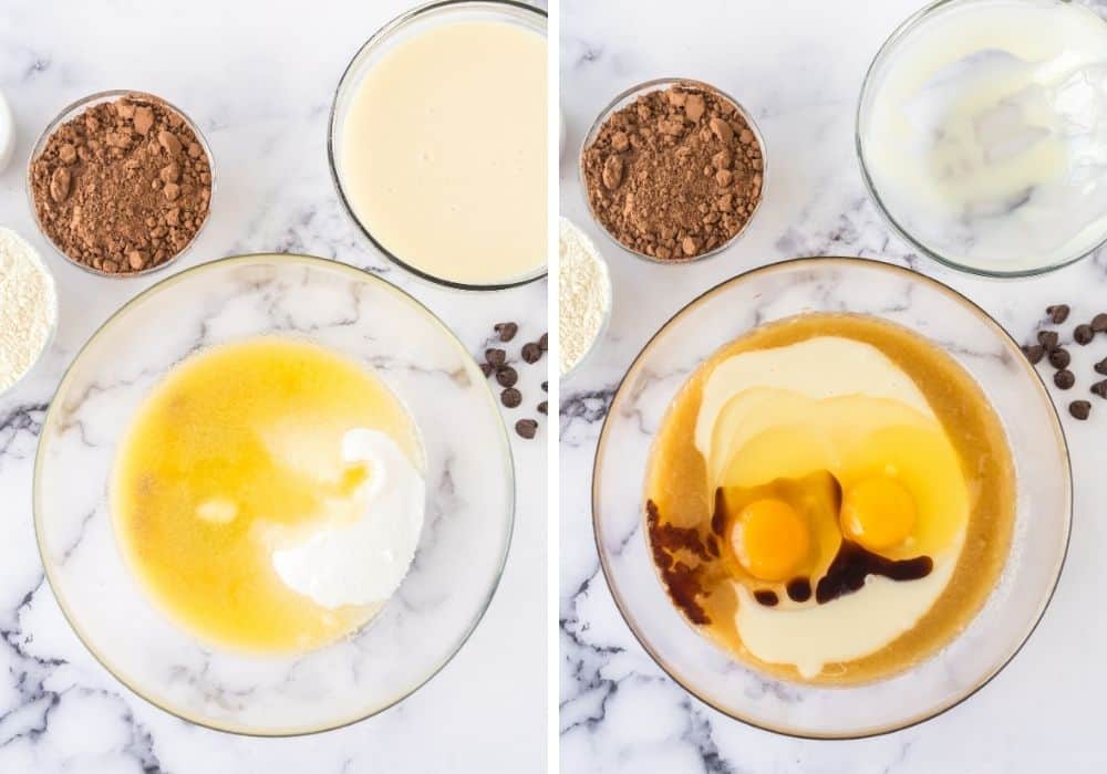 two photos; one shows sugars added to melted butter in a mixing bowl; the other shows eggs, vanilla extract, and sweetened condensed milk added to the butter mixture.