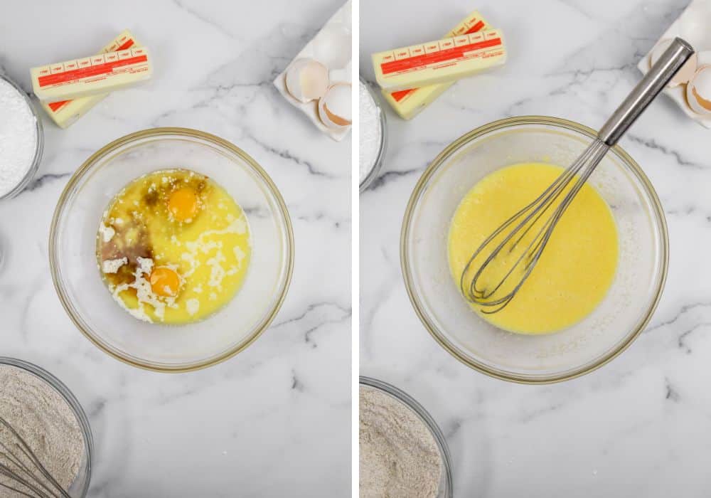 two photos; showing before and after mixing the eggs, milk, butter, and vanilla extract together.