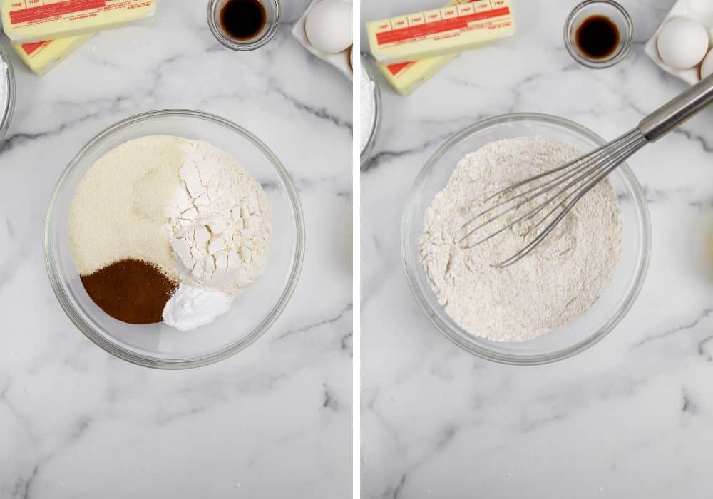 two photos, showing before and after of dry ingredients being whisked together.