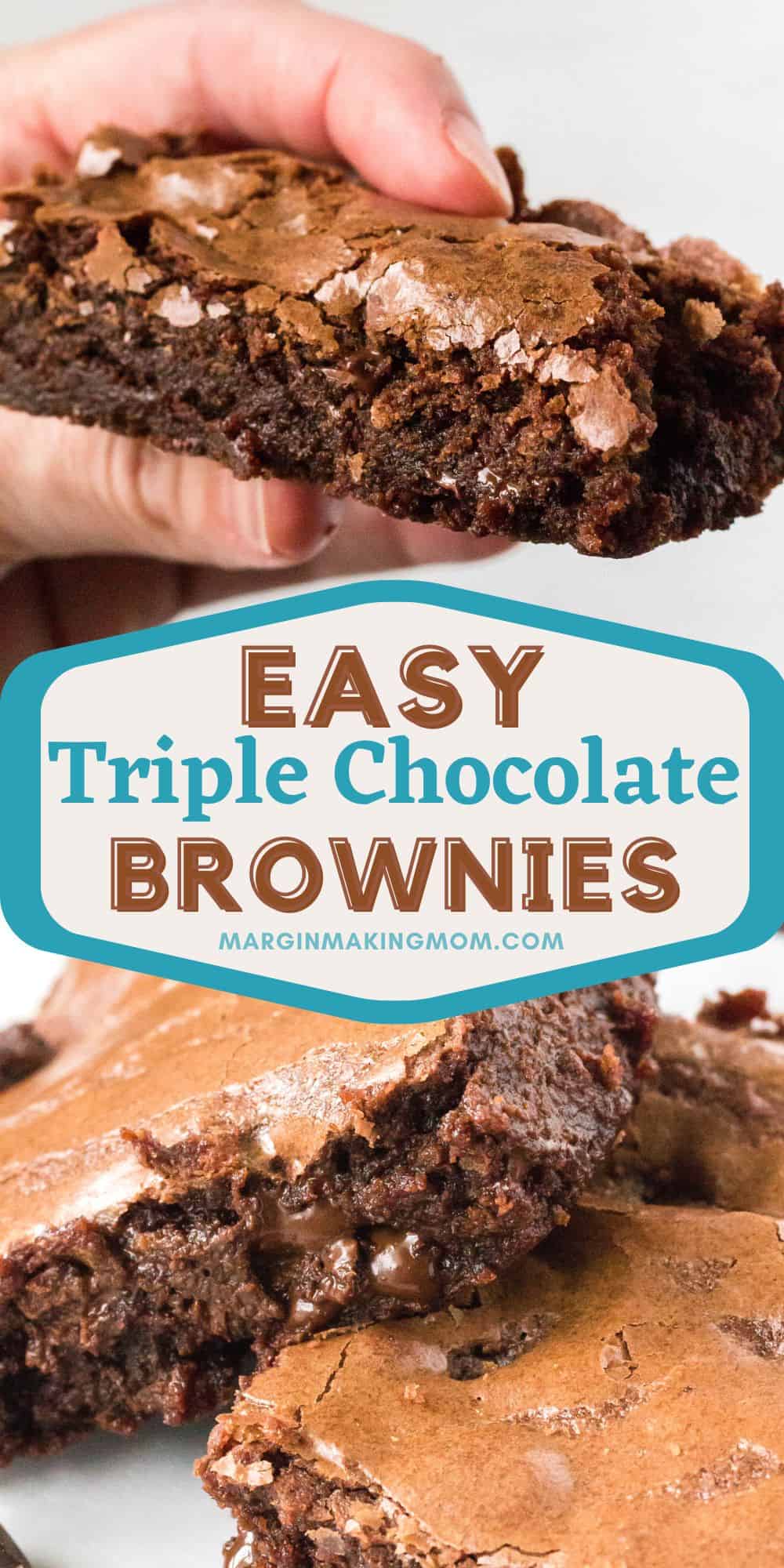 two photos; one shows a woman's hand holding a brownie, the other shows triple chocolate brownies stacked together.