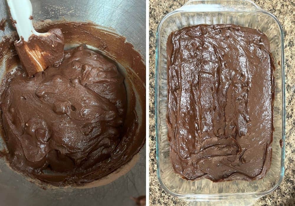two photos; one shows brownie batter in a mixing bowl, the other shows batter spread into a greased glass baking pan.