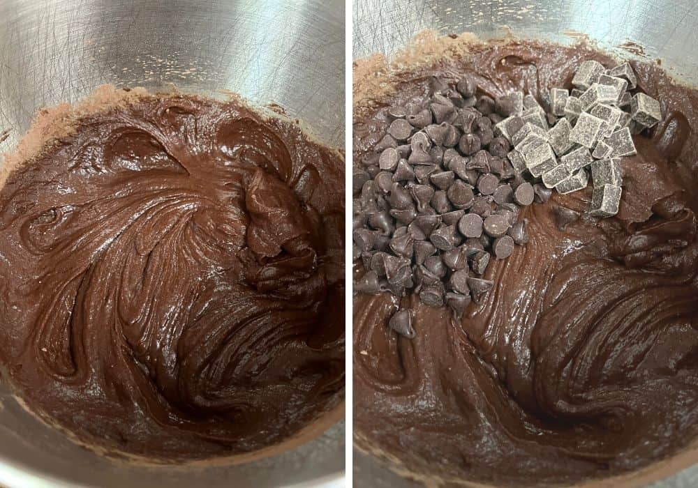 two photos; one shows dry ingredients mixed into brownie batter, the other shows chocolate chips added to the batter.