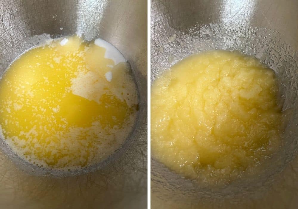 two photos; one shows melted butter and granulated white sugar in a mixing bowl, the other shows the ingredients mixed together.