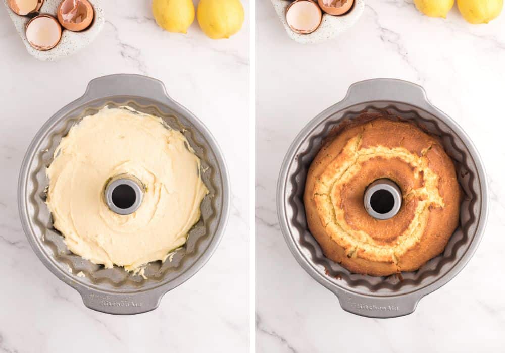 two photos;  one shows lemon pie crust in a prepared pan, the other shows lemon pie after baking.