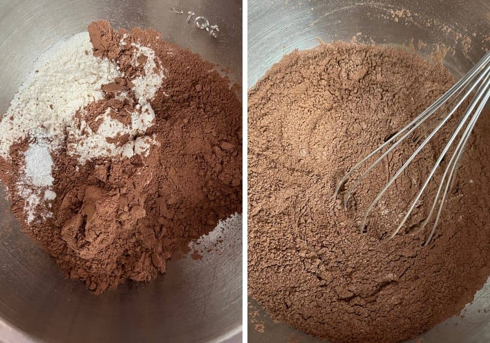 two photos; one shows dry ingredients in a mixing bowl, the other shows them whisked together.