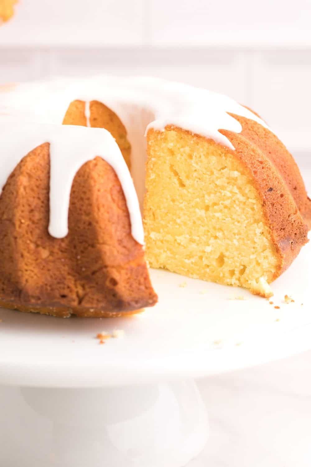 close-up view of the inside of a lemon pound cake made with sour cream, showing how moist the inside is.