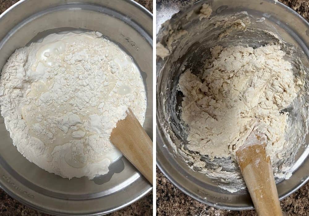 two photos; one shows ingredients for dumplings in a mixing bowl and the other shows the ingredients mixed into a shaggy dough