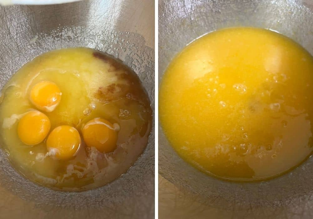 two photos; one shows eggs and vanilla added to mixture, the other shows them incorporated into the other ingredients.