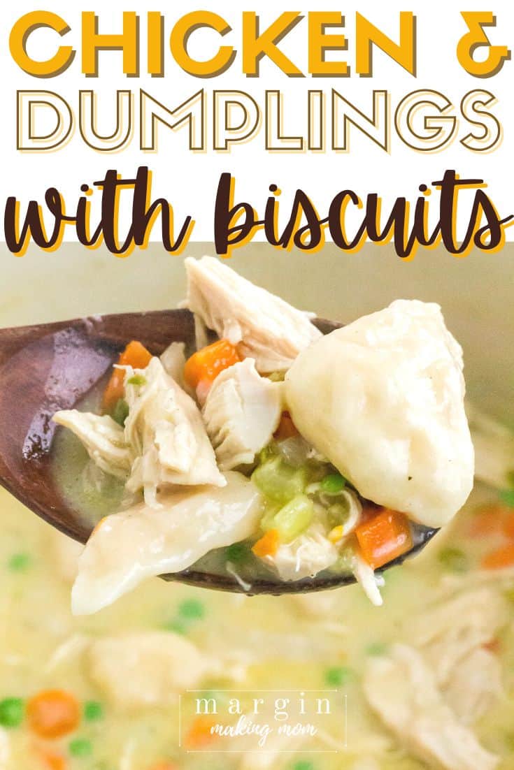 a serving spoon scoops out chicken and dumplings made with biscuits