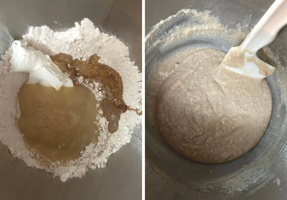 two photos; one shows wet ingredients added to dry ingredients; the other shows the muffin batter mixed together.