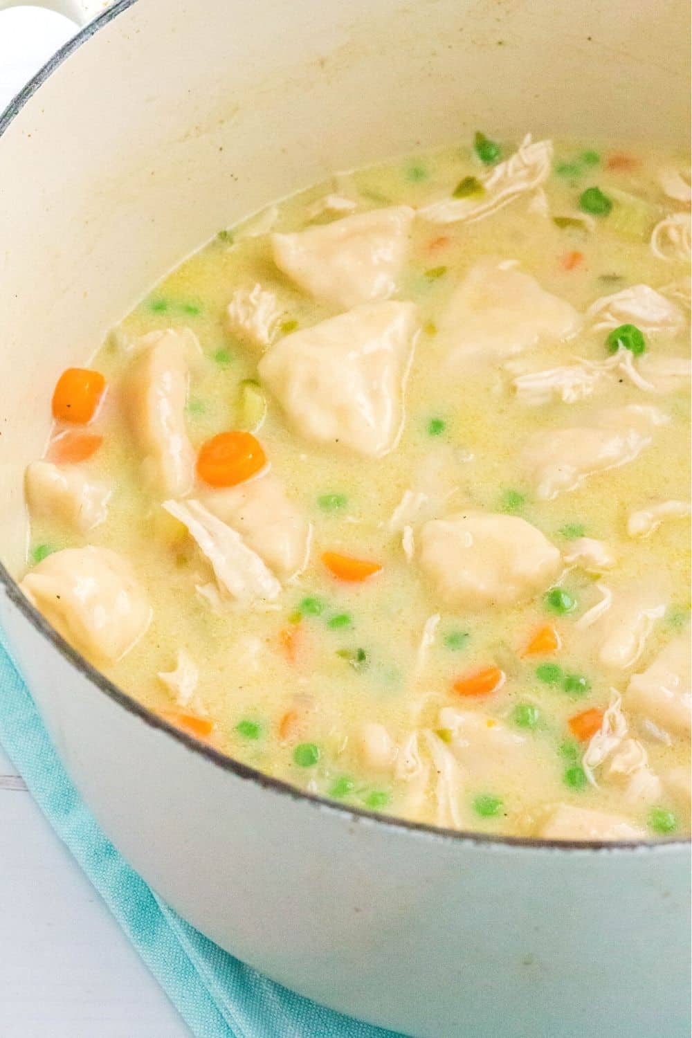 close-up view of chicken and dumplings made with Grands biscuits