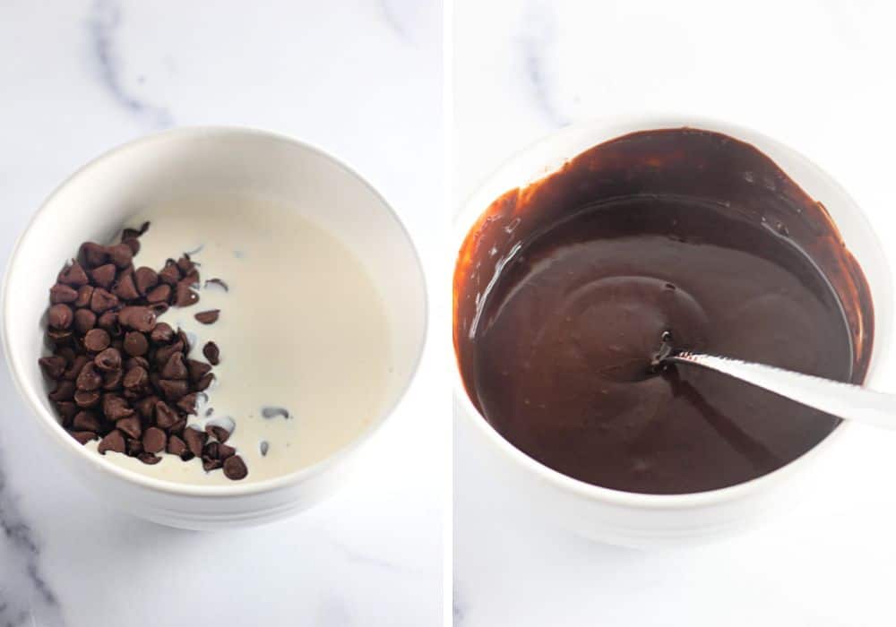 two photos; one shows a bowl with chocolate chips and heavy cream in it, the other shows the ingredients melted together into a chocolate fudge icing