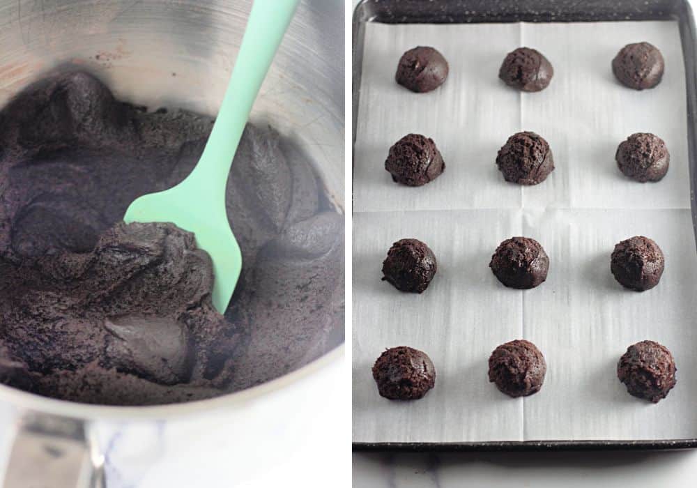 two photos; one shows cookie dough in mixing bowl, the other shows balls of cookie dough on a lined baking sheet