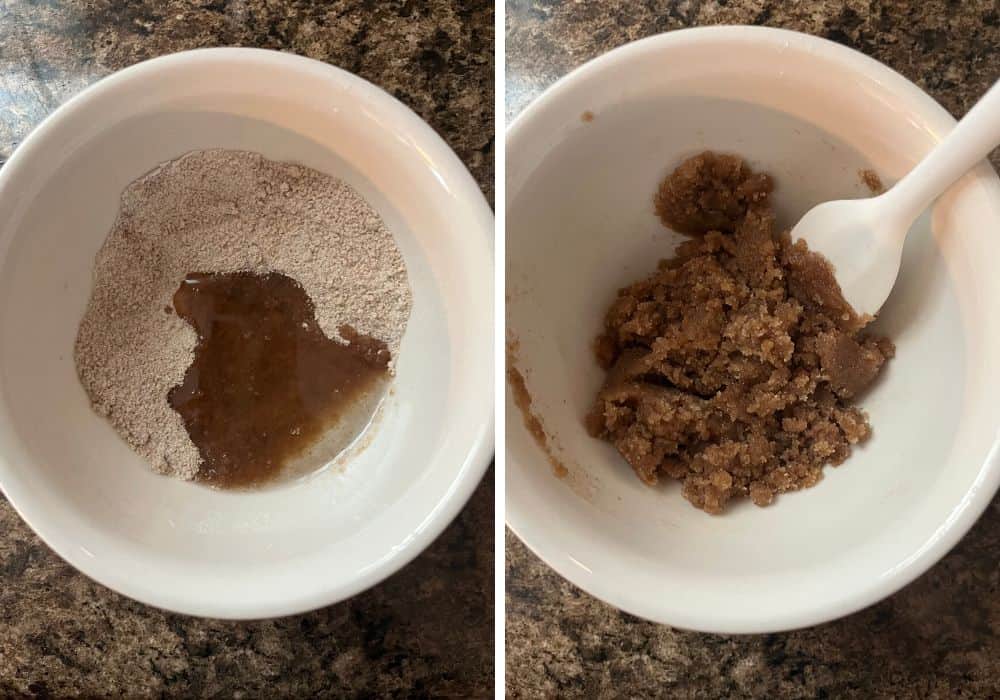 two photos; one shows ingredients for streusel topping in a small bowl, the other shows the ingredients mixed together, with a texture of wet sand.
