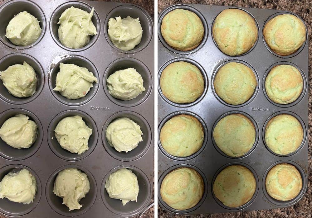 two photos; one shows pistachio pudding muffin batter in a pan, the other shows the pistachio muffins after baking