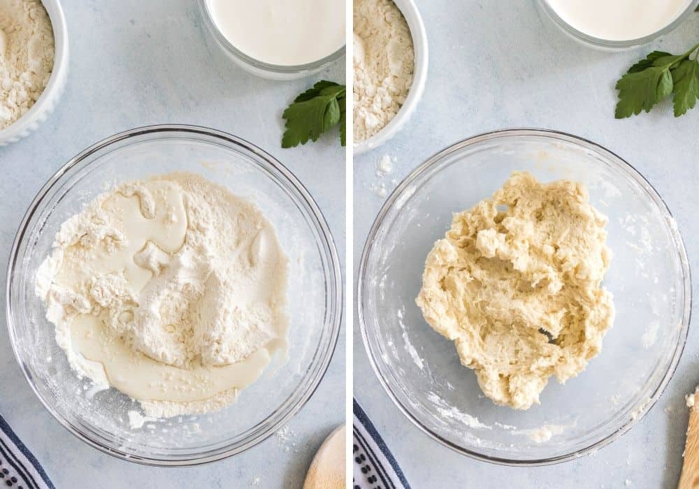 two photos; one shows dumpling ingredients in a mixing bowl, the other shows the ingredients mixed together into a dough