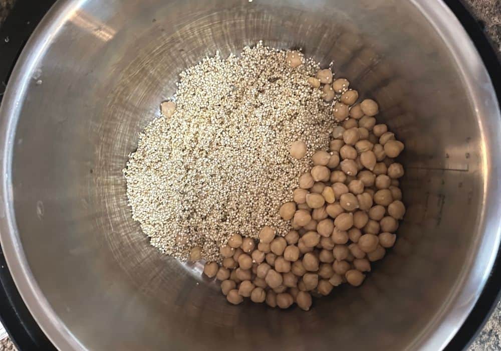drained and rinsed quinoa and chickpeas in the insert pot of the Instant Pot