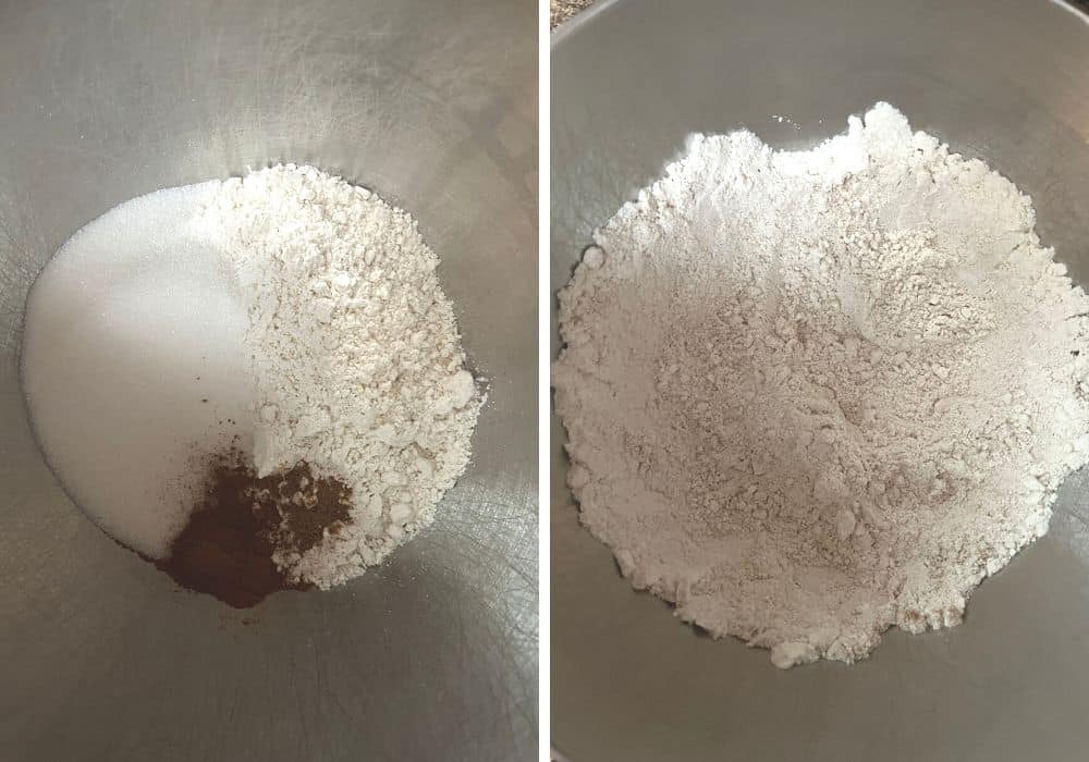 two photos; one shows dry ingredients for Bisquick muffins in a mixing bowl, the other shows the ingredients mixed together.