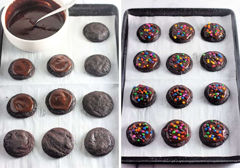 one photo shows icing being spread on to the tops of cookies, the other shows cosmic sprinkles on the icing.