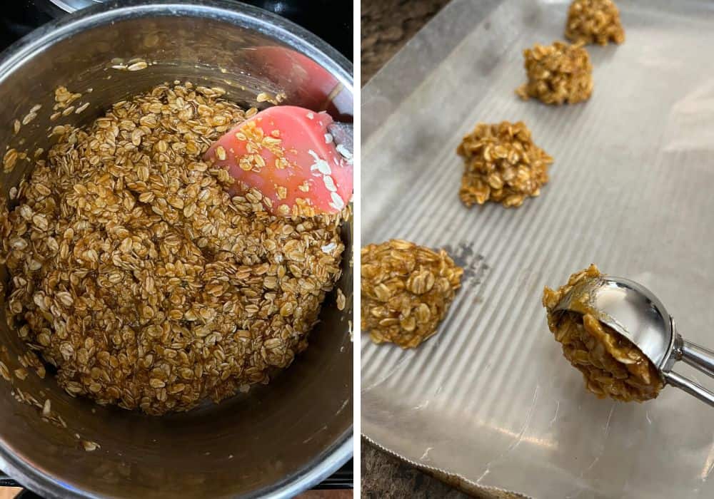 two photos; one shows oats mixed into the pumpkin caramel mixture, the other shows a cookie scoop scooping out rounds of cookie dough onto a wax-paper lined baking sheet.